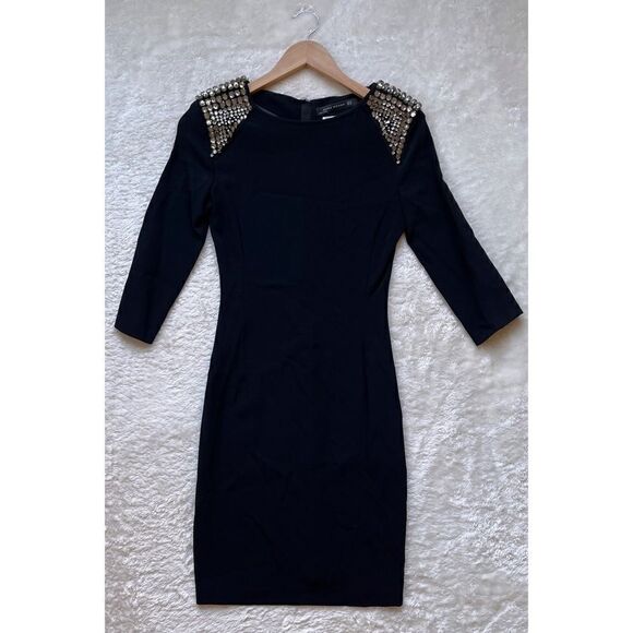 Zara Woman Black 3/4 Sleeve Embellished Rhinestone Shoulder LBD Cocktail Dress - Picture 4 of 16